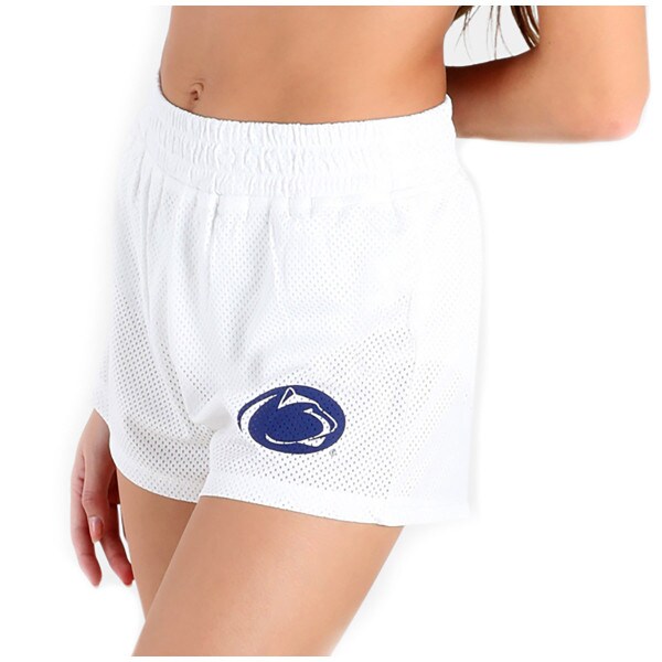 model wearing women's white mesh track shorts with Penn State Athletic Logo on left thigh